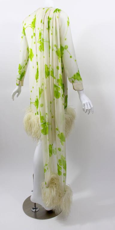 1960s Pierre Cardin Ivory and Green Silk Print Ostritch Feather Trim Dress
