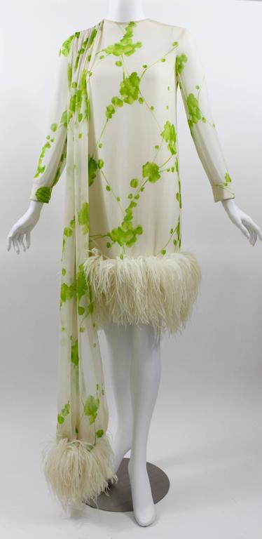 1960s Pierre Cardin Ivory and Green Silk Print Ostritch Feather Trim Dress