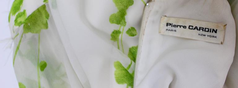 1960s Pierre Cardin Ivory and Green Silk Print Ostritch Feather Trim Dress