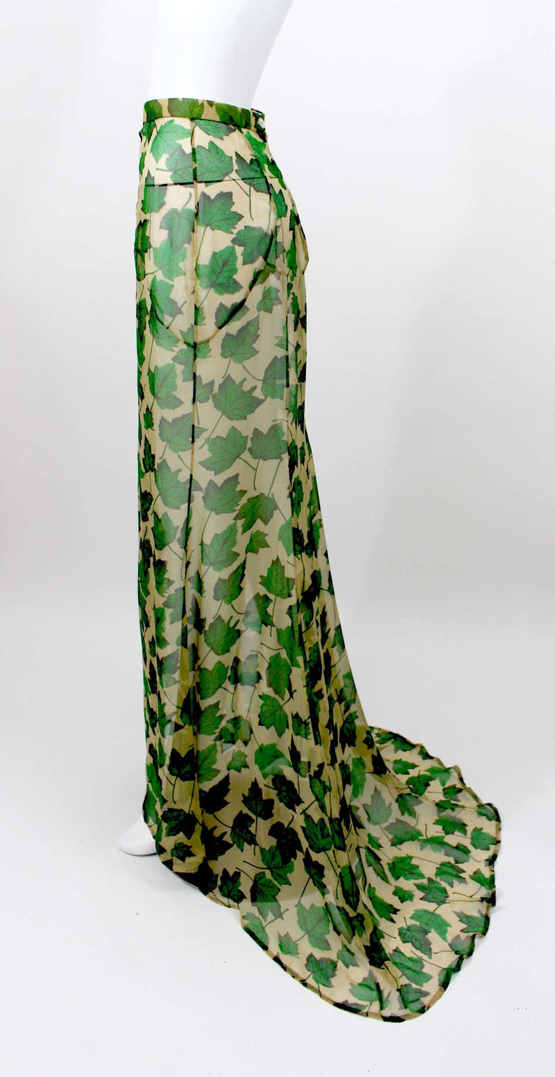 Dolce & Gabbana Sheer Silk Beige & Green Leaf Print Maxi Skirt with Train