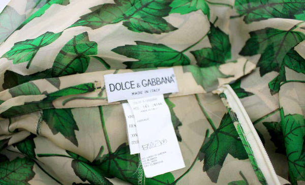Dolce & Gabbana Sheer Silk Beige & Green Leaf Print Maxi Skirt with Train