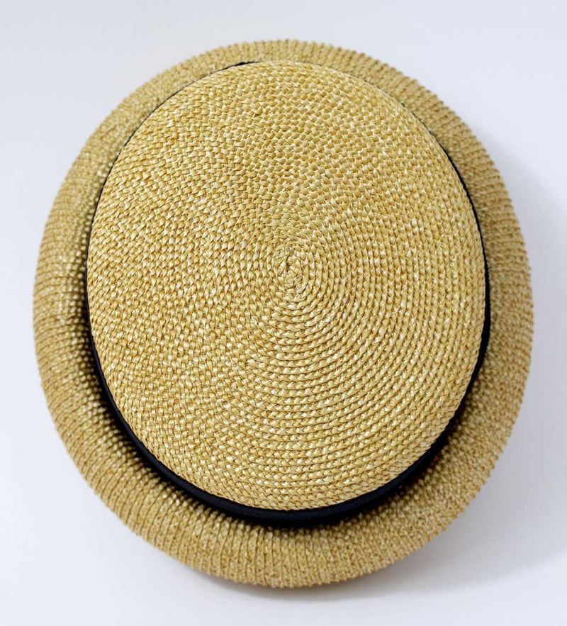 Vintage Chanel Tan and Black Grosgrain Ribbon Rolled Brim Hat