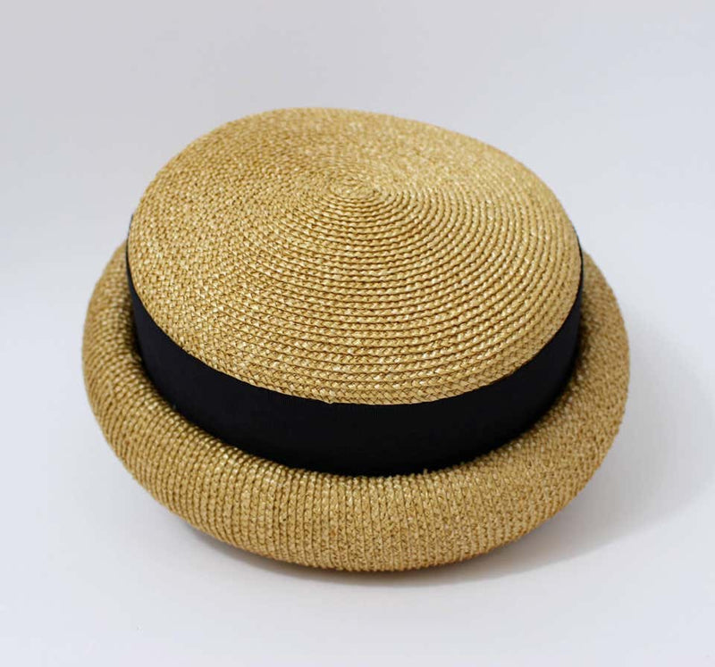 Vintage Chanel Tan and Black Grosgrain Ribbon Rolled Brim Hat