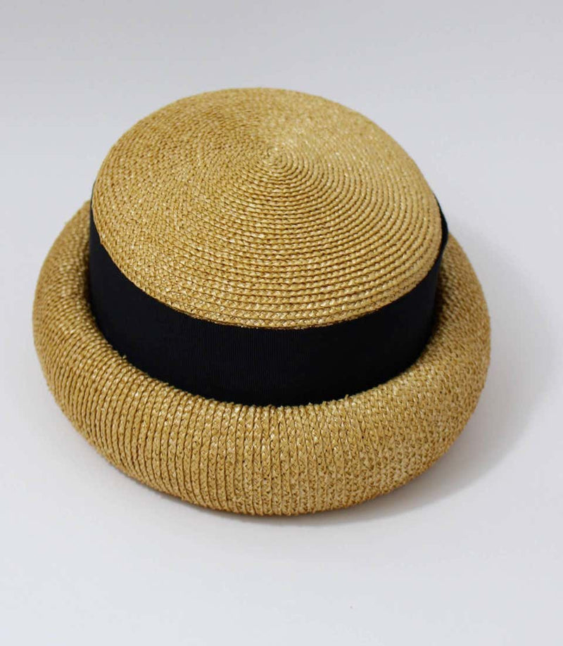 Vintage Chanel Tan and Black Grosgrain Ribbon Rolled Brim Hat