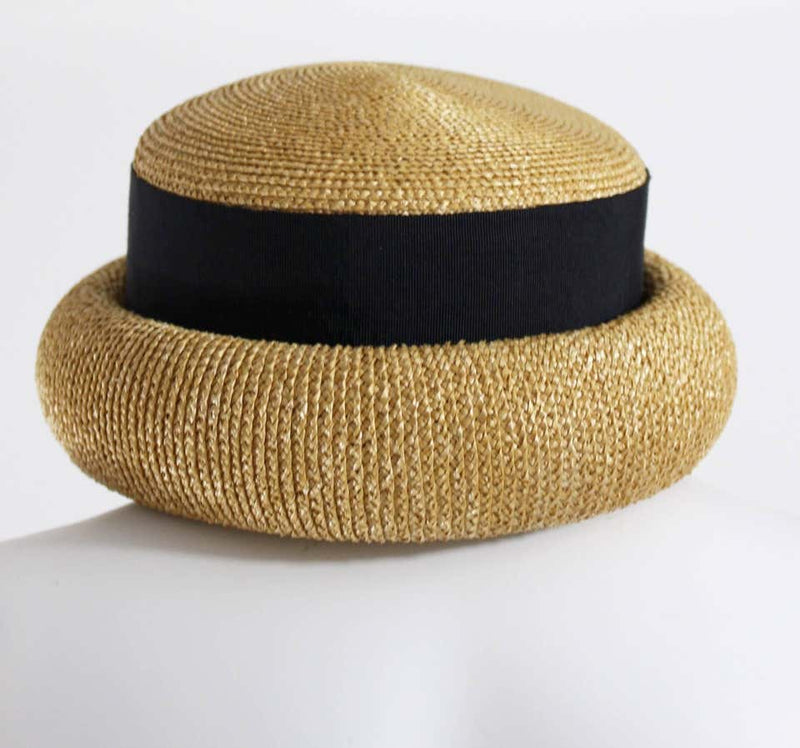 Vintage Chanel Tan and Black Grosgrain Ribbon Rolled Brim Hat