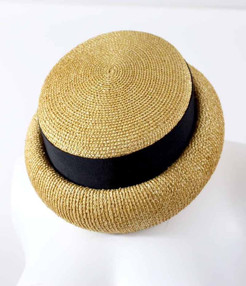 Vintage Chanel Tan and Black Grosgrain Ribbon Rolled Brim Hat