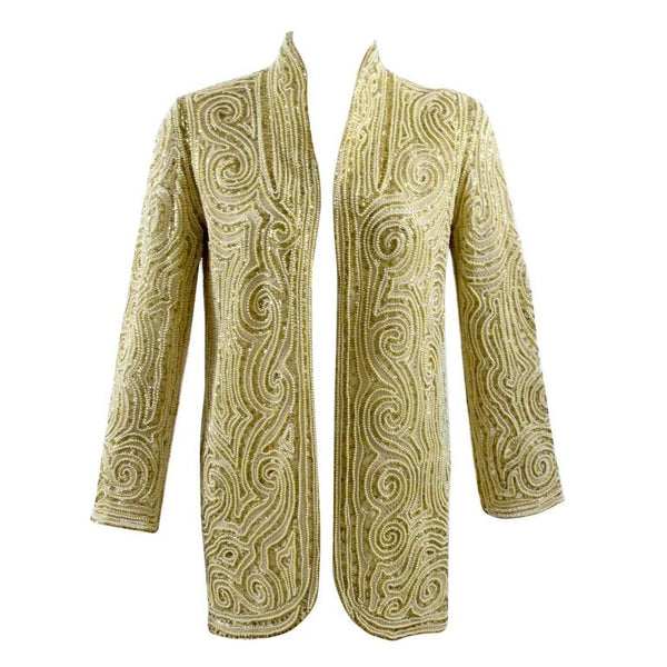 1970s Halston Hand Embroidered Beads & Golden Pearl Silk Organza Jacket