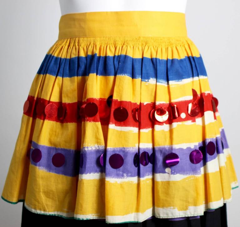 1980s Michaele Vollbrach Colorful Cotton Layered Gypsy Pheasant Skirt