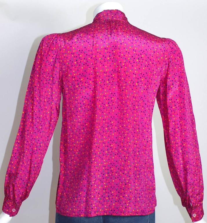 1970s Yves Saint Laurent Pink Confetti Print Silk Bow Tie Blouse YSL