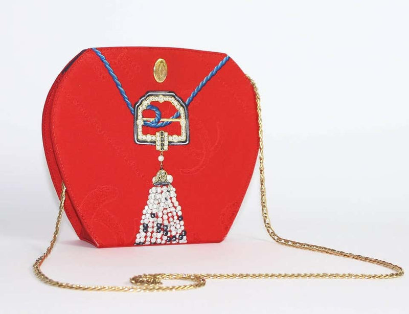 Les Must de Cartier Red Silk Jewel Necklace Design Gold Chain Clutch bag