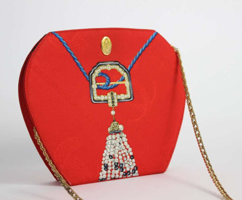 Les Must de Cartier Red Silk Jewel Necklace Design Gold Chain Clutch bag
