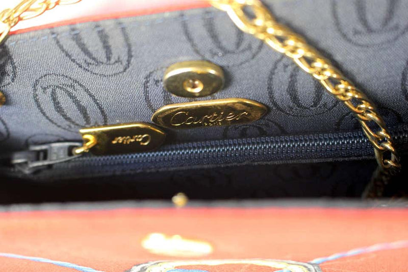 Les Must de Cartier Red Silk Jewel Necklace Design Gold Chain Clutch bag