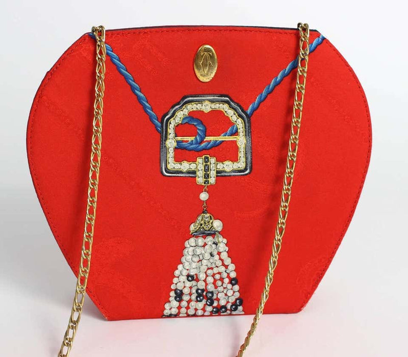 Les Must de Cartier Red Silk Jewel Necklace Design Gold Chain Clutch bag