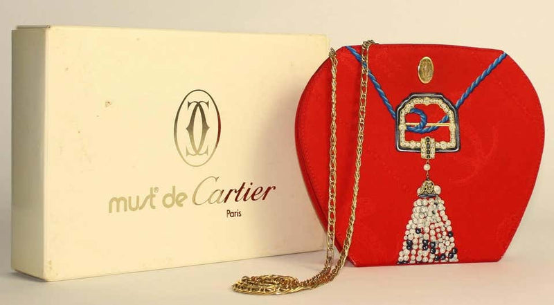 Les Must de Cartier Red Silk Jewel Necklace Design Gold Chain Clutch bag
