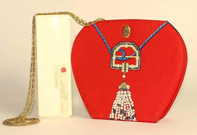 Les Must de Cartier Red Silk Jewel Necklace Design Gold Chain Clutch bag