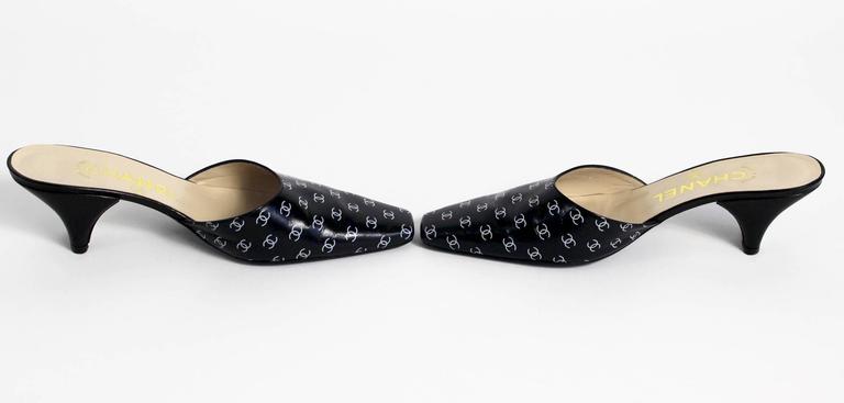 1990s Chanel Black and White Leather Logo Mules Heels Shoes