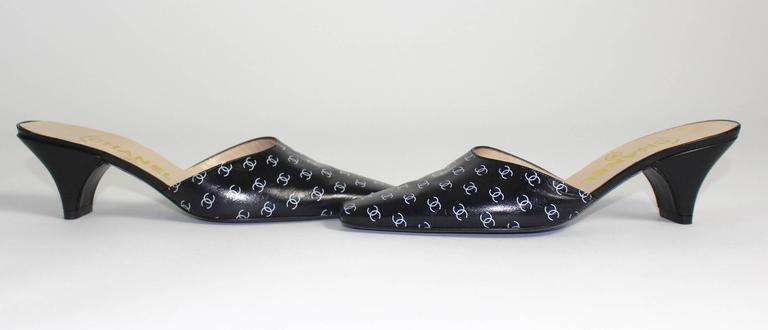 1990s Chanel Black and White Leather Logo Mules Heels Shoes
