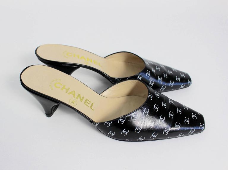 1990s Chanel Black and White Leather Logo Mules Heels Shoes