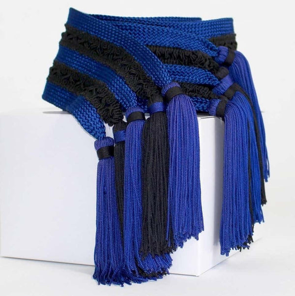 Vintage Yves Saint Laurent Passementerie Saphire Blue and Black Tassel Belt