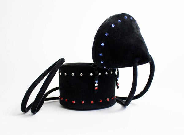 1980s Maud Frizon Sculptural Black Suede Jeweled Evening Shoulder Bag