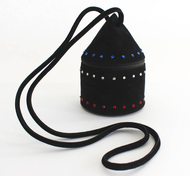 1980s Maud Frizon Sculptural Black Suede Jeweled Evening Shoulder Bag