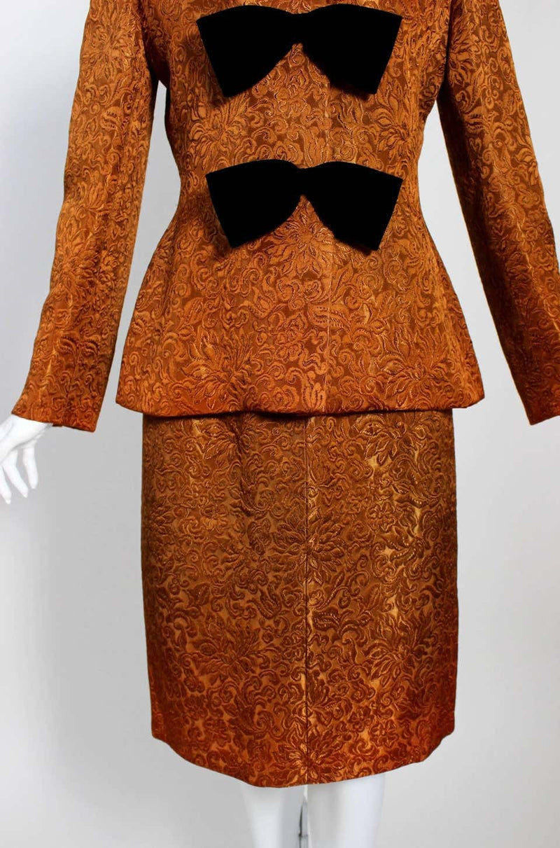 1990s Givenchy Numbered Haute Couture Silk Brocade Black Velvet Bow Skirt Suit
