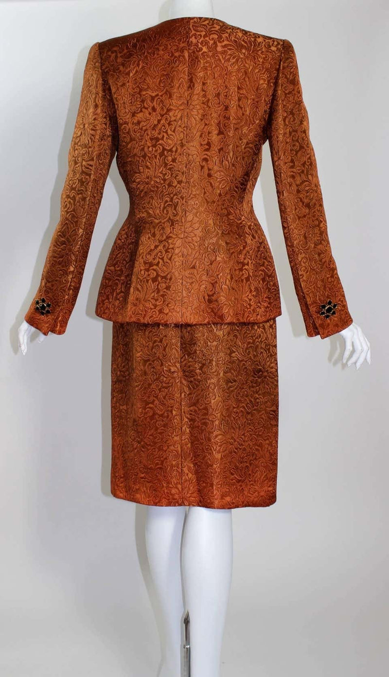 1990s Givenchy Numbered Haute Couture Silk Brocade Black Velvet Bow Skirt Suit