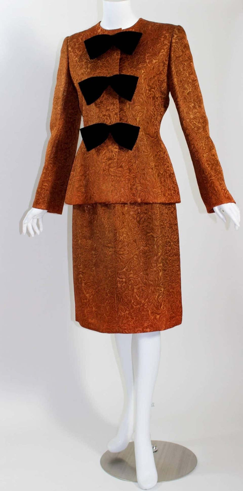 1990s Givenchy Numbered Haute Couture Silk Brocade Black Velvet Bow Skirt Suit