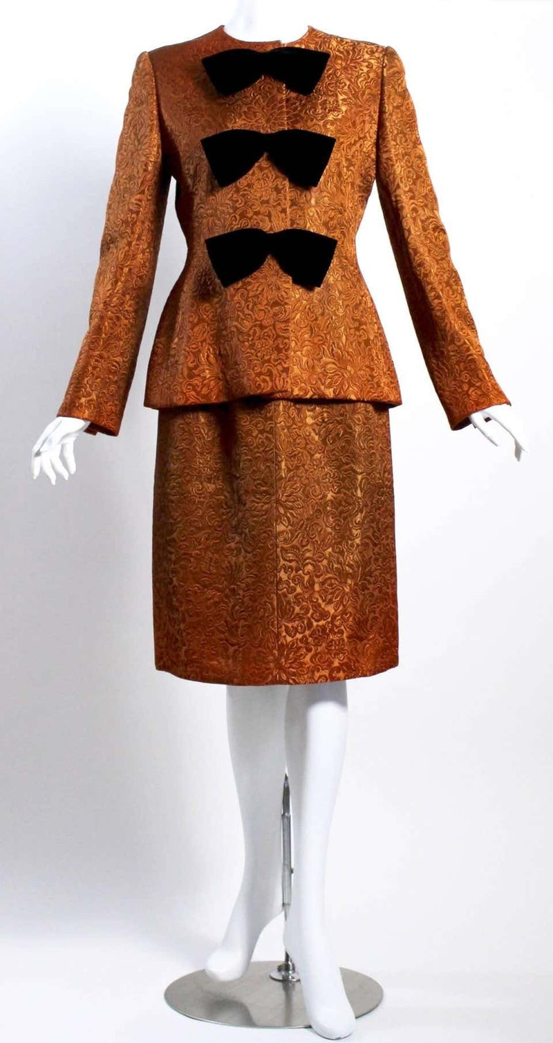 1990s Givenchy Numbered Haute Couture Silk Brocade Black Velvet Bow Skirt Suit