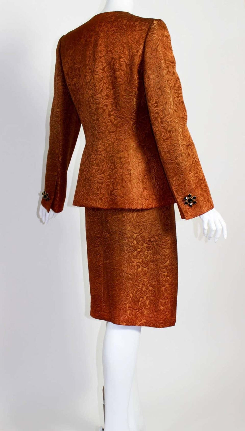 1990s Givenchy Numbered Haute Couture Silk Brocade Black Velvet Bow Skirt Suit