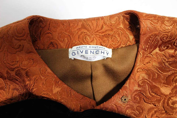 1990s Givenchy Numbered Haute Couture Silk Brocade Black Velvet Bow Skirt Suit