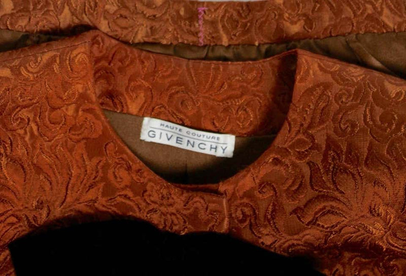 1990s Givenchy Numbered Haute Couture Silk Brocade Black Velvet Bow Skirt Suit