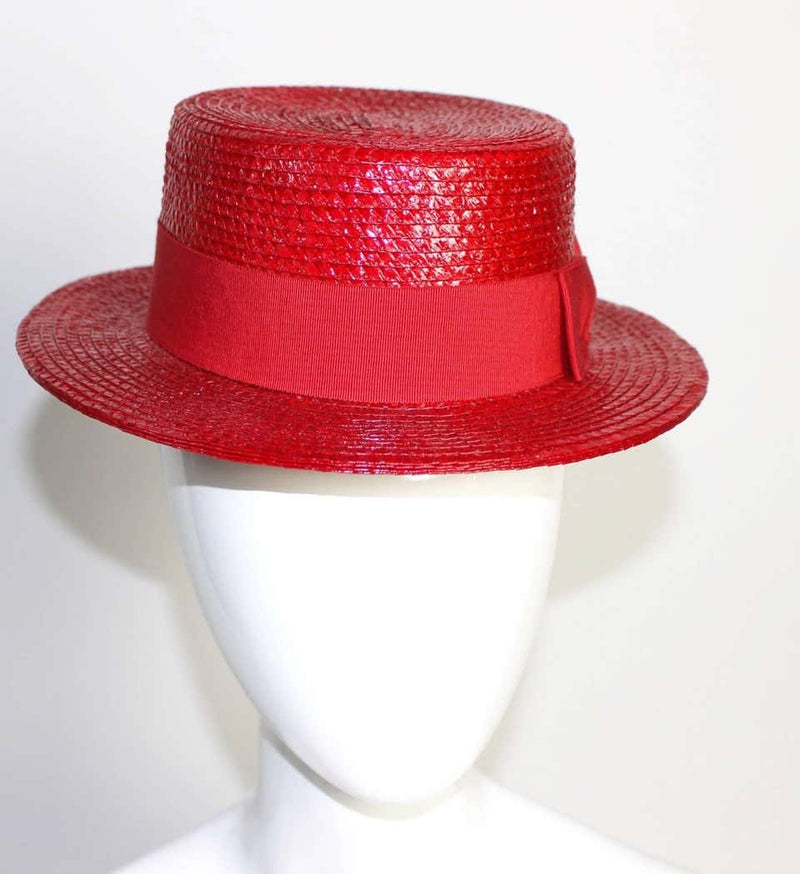 1990s Givenchy Red Straw Boater Grosgrain Bow Hat