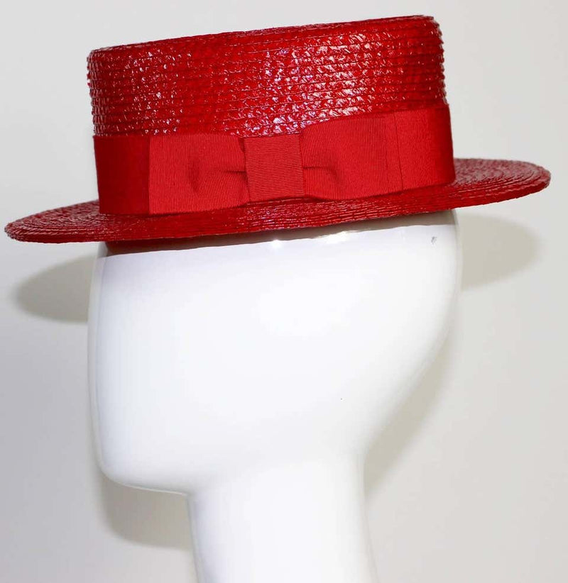1990s Givenchy Red Straw Boater Grosgrain Bow Hat
