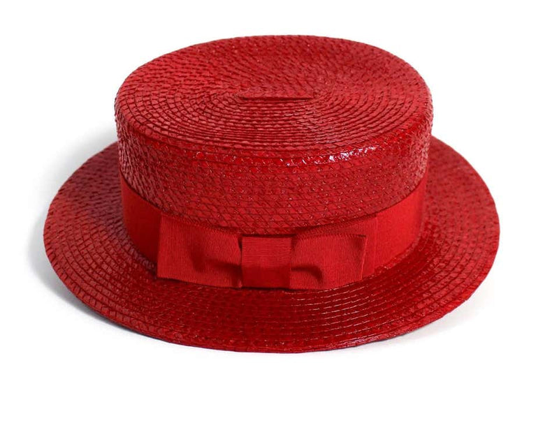 1990s Givenchy Red Straw Boater Grosgrain Bow Hat