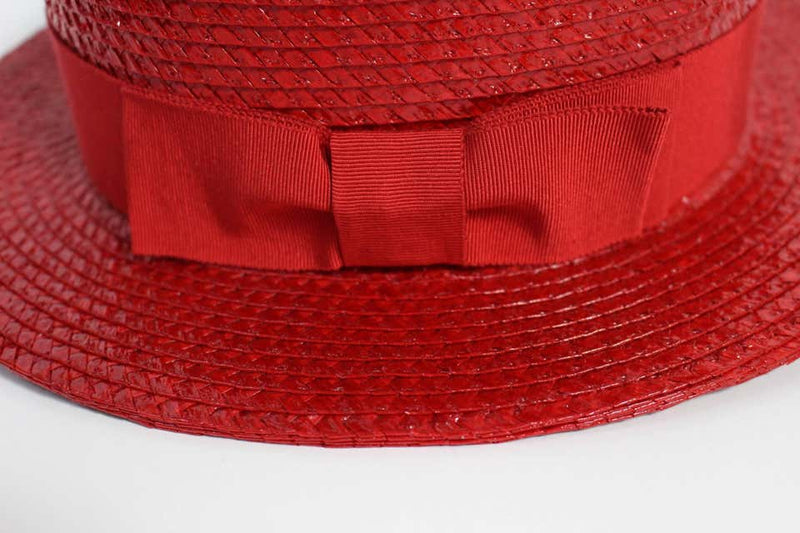 1990s Givenchy Red Straw Boater Grosgrain Bow Hat