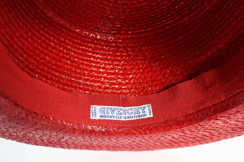 1990s Givenchy Red Straw Boater Grosgrain Bow Hat