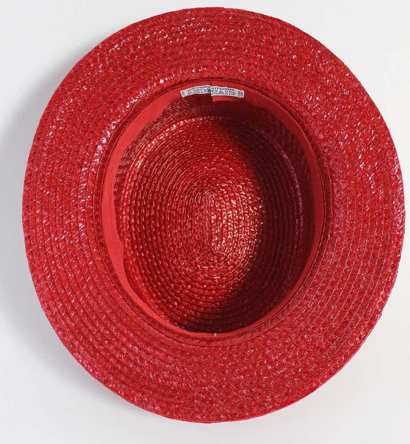 1990s Givenchy Red Straw Boater Grosgrain Bow Hat