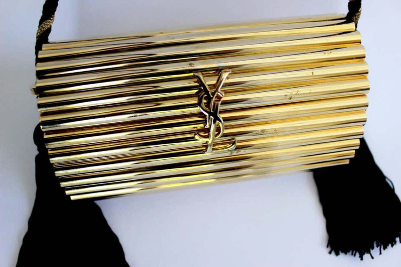 YSL Vintage Gold Metal Black Tassel Evening Bag / Clutch 1980s – Basha Gold