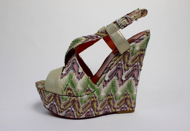 Missoni Zig Zag Metallic Tapestry Leather Platform Heel Shoes, Size 38.5 / 8.5
