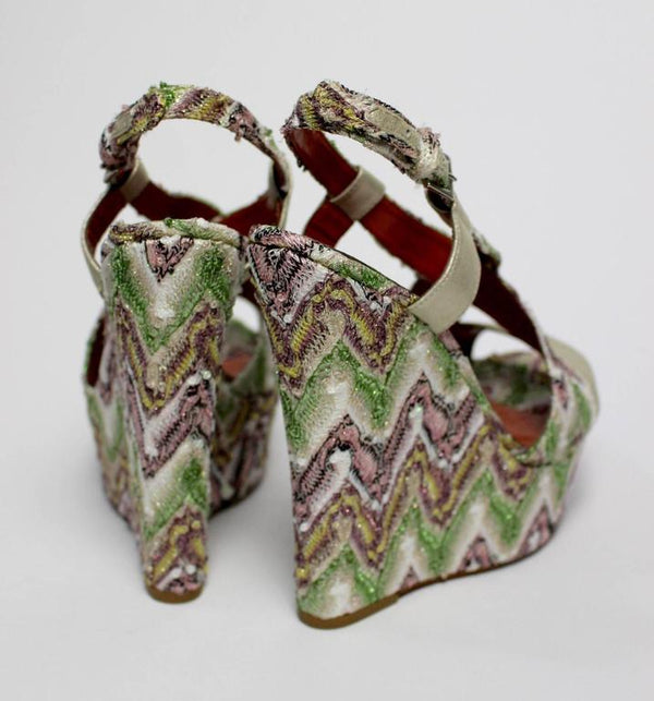 Missoni Zig Zag Metallic Tapestry Leather Platform Heel Shoes, Size 38.5 / 8.5