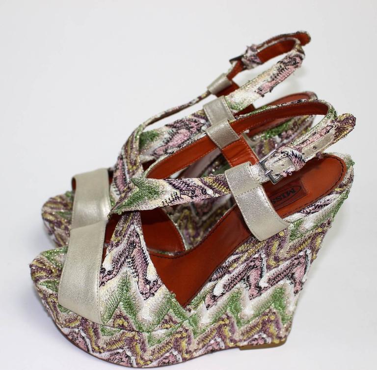 Missoni Zig Zag Metallic Tapestry Leather Platform Heel Shoes, Size 38.5 / 8.5