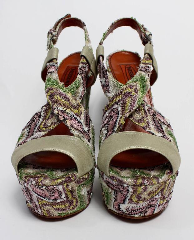 Missoni Zig Zag Metallic Tapestry Leather Platform Heel Shoes, Size 38.5 / 8.5