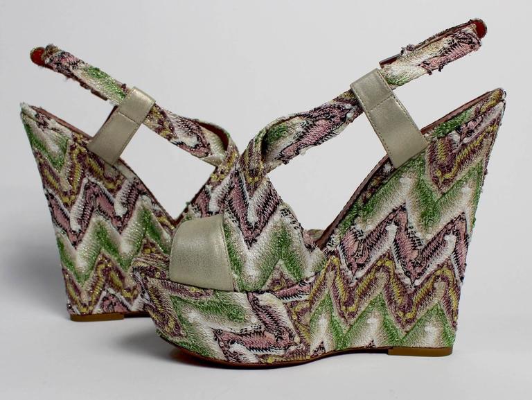 Missoni Zig Zag Metallic Tapestry Leather Platform Heel Shoes, Size 38.5 / 8.5