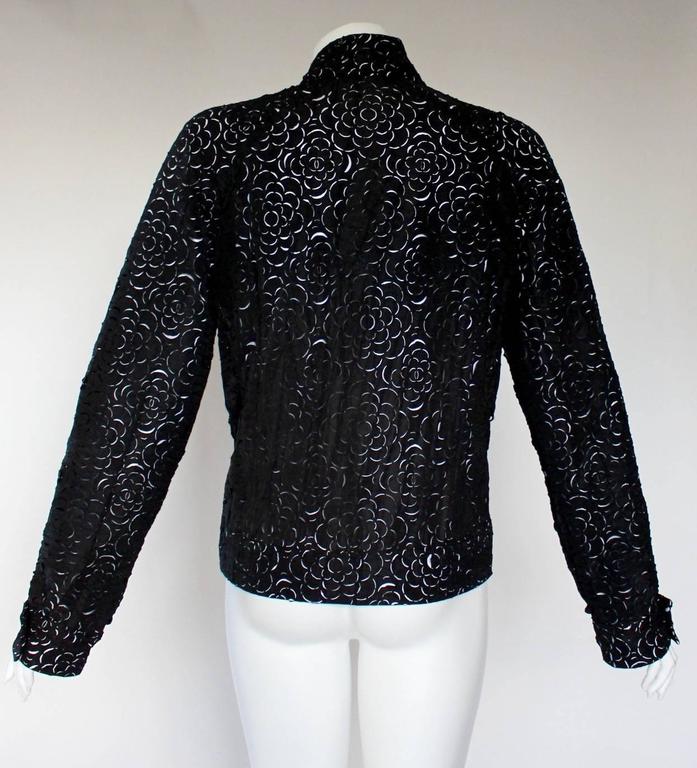 Chanel Laser Cut Camellia Flower Black and White Bomber Jacket