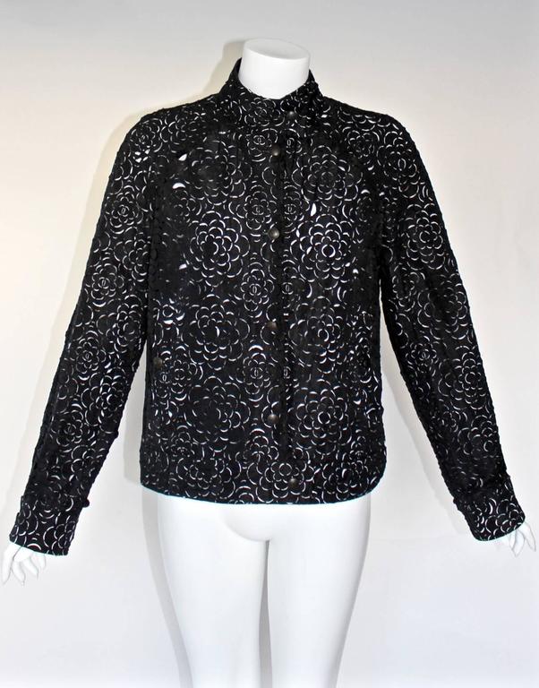 Chanel Laser Cut Camellia Flower Black and White Bomber Jacket
