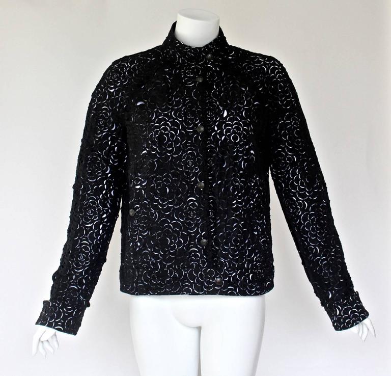 Chanel Laser Cut Camellia Flower Black and White Bomber Jacket