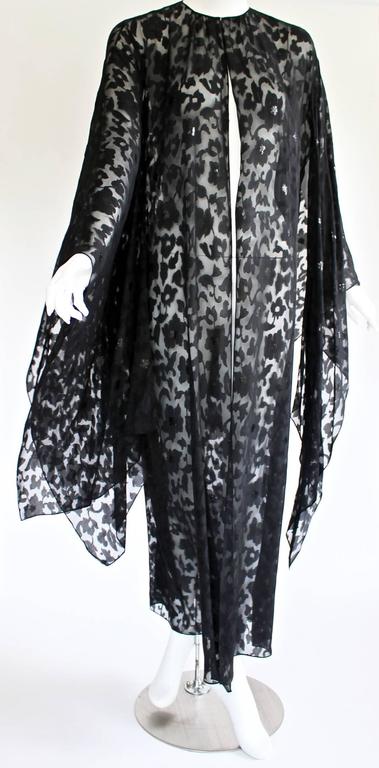 Nina Ricci Couture Black Floral Devoré Silk Kimono Sleeve Caftan Dress
