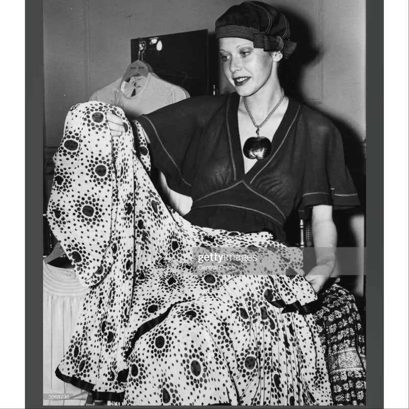 Divine 1970s Jean Muir Pleated Chiffon Ivory Black Dots Layered dress