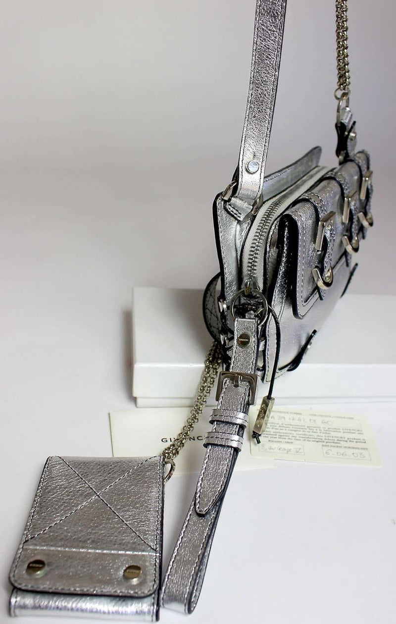 Givenchy Silver Leather Corset Detail Mini Biker Cross Body Chain Bag Purse